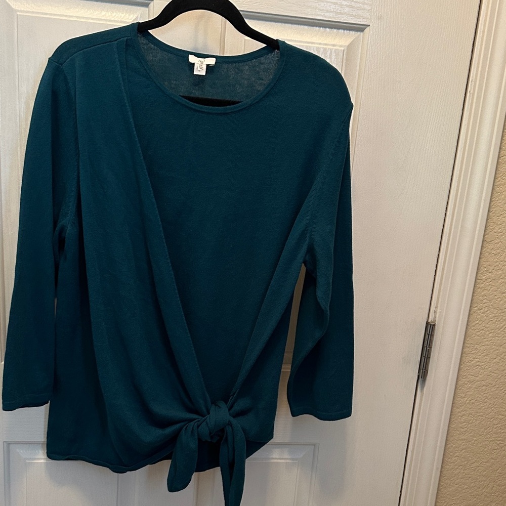 J. Jill Teal Faux Wrap Sweater with Knot Detail 3/4 Sleeve Cotton Blend Size L